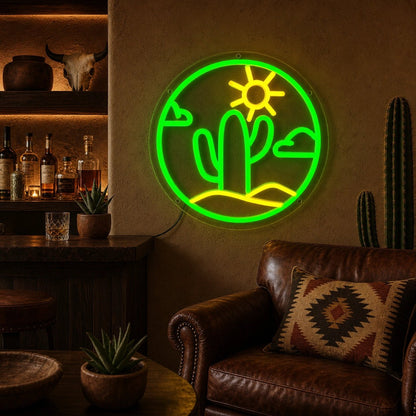 Cactus With Sun And Clouds Circle LED Neon Sign - Shineneon