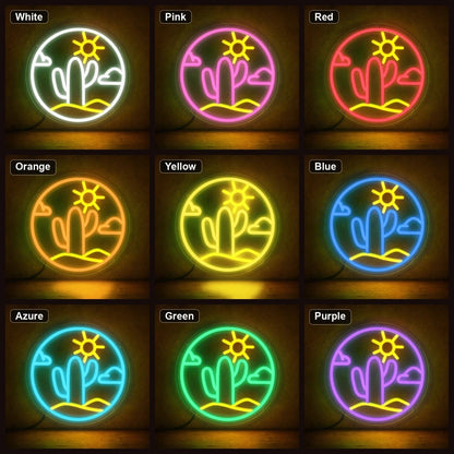 Cactus With Sun And Clouds Circle LED Neon Sign - Shineneon