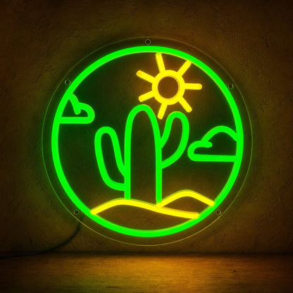 Cactus With Sun And Clouds Circle LED Neon Sign - Shineneon