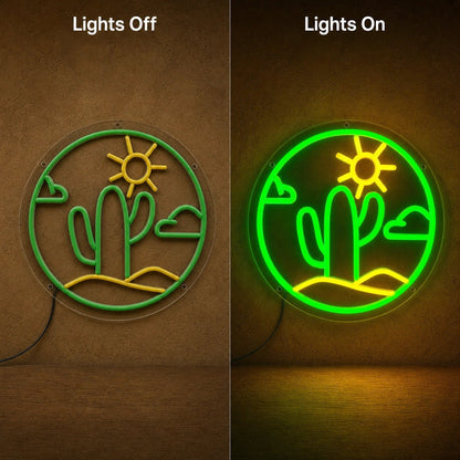 Cactus With Sun And Clouds Circle LED Neon Sign - Shineneon