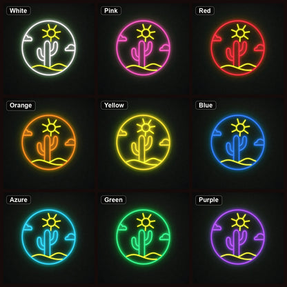 Cactus With Sun And Clouds Circle LED Neon Sign Garage Neon Sign color grid