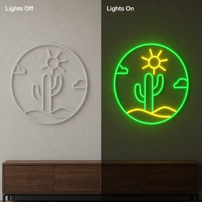 Cactus With Sun And Clouds Circle LED Neon Sign Garage Neon Sign day and night comparison