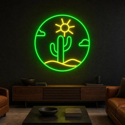 Cactus With Sun And Clouds Circle LED Neon Sign Garage Neon Sign - Shineneon