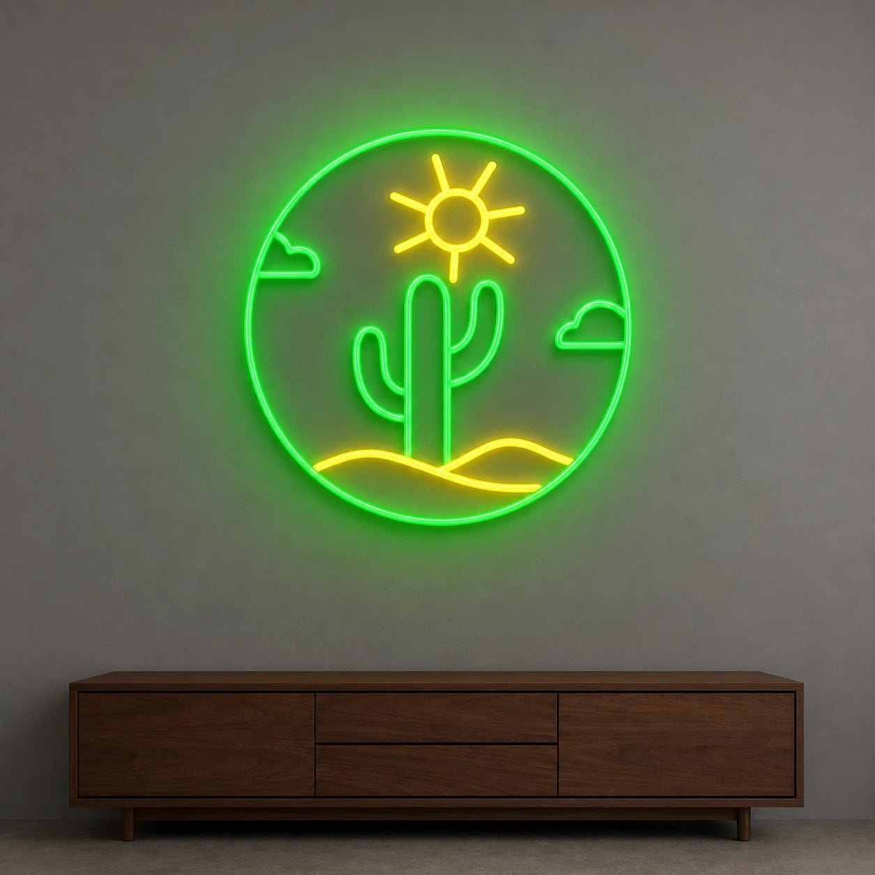 Cactus With Sun And Clouds Circle LED Neon Sign Garage Neon Sign - Shineneon