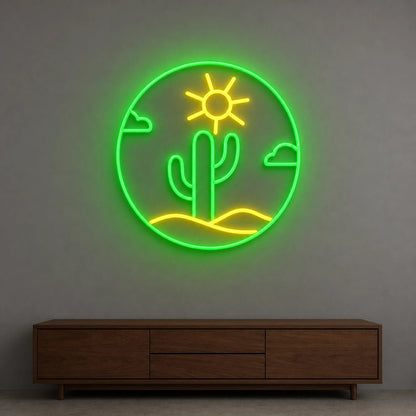 Cactus With Sun And Clouds Circle LED Neon Sign Garage Neon Sign - Shineneon