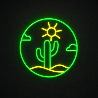 Cactus With Sun And Clouds Circle LED Neon Sign Garage Neon Sign - Shineneon