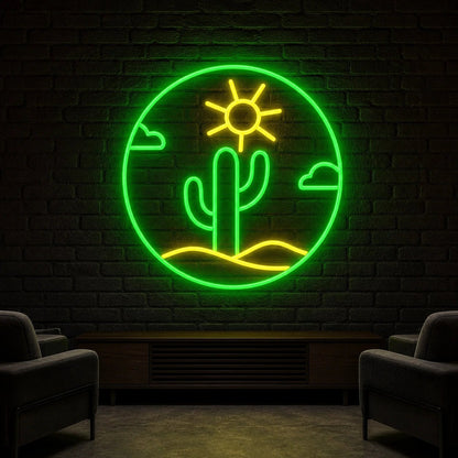 Cactus With Sun And Clouds Circle LED Neon Sign Garage Neon Sign - Shineneon