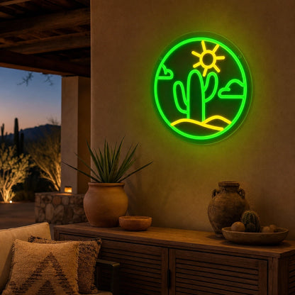 Cactus With Sun And Clouds Circle LED Neon Sign Home Garage Wall Decoration real lifestyle scene