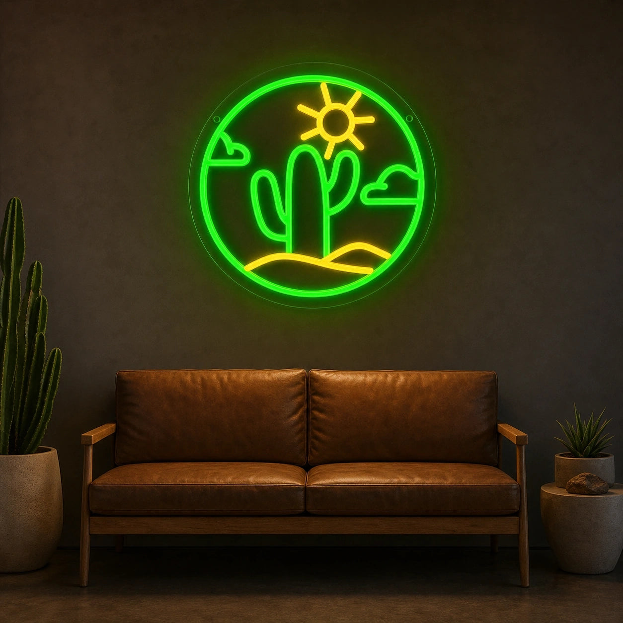Cactus With Sun And Clouds Circle LED Neon Sign Home Garage Wall Decoration size image
