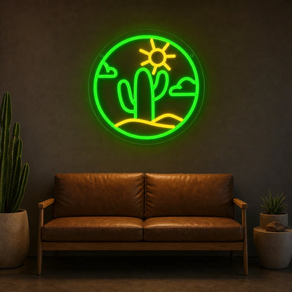 Cactus With Sun And Clouds Circle LED Neon Sign Home Garage Wall Decoration size image