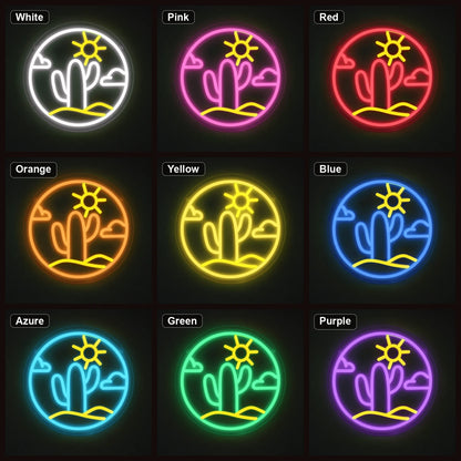 Cactus With Sun And Clouds Circle LED Neon Sign Home Garage Wall Decoration color grid
