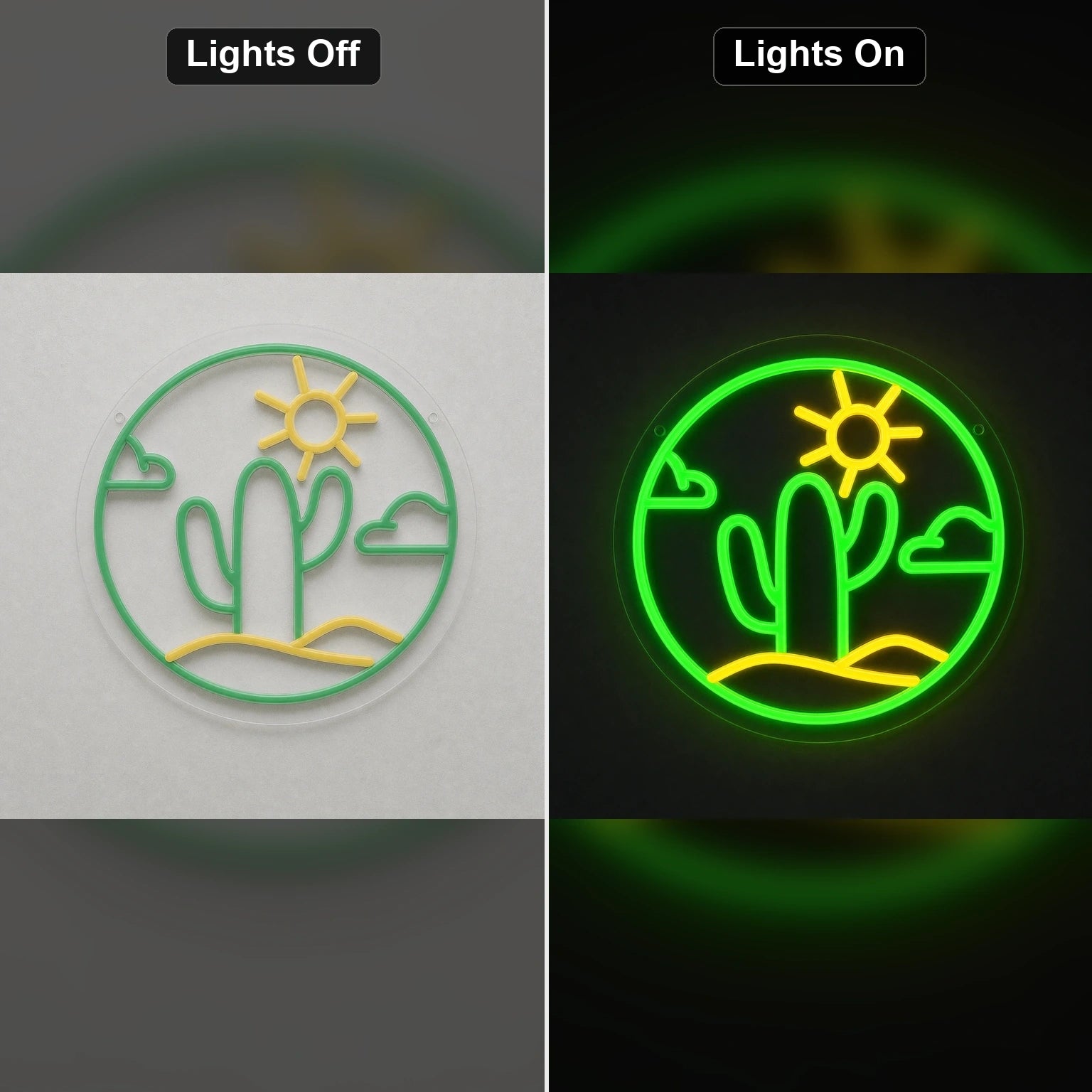 Cactus With Sun And Clouds Circle LED Neon Sign Home Garage Wall Decoration day and night comparison
