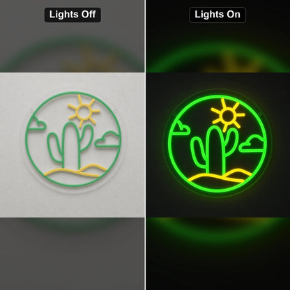 Cactus With Sun And Clouds Circle LED Neon Sign Home Garage Wall Decoration day and night comparison