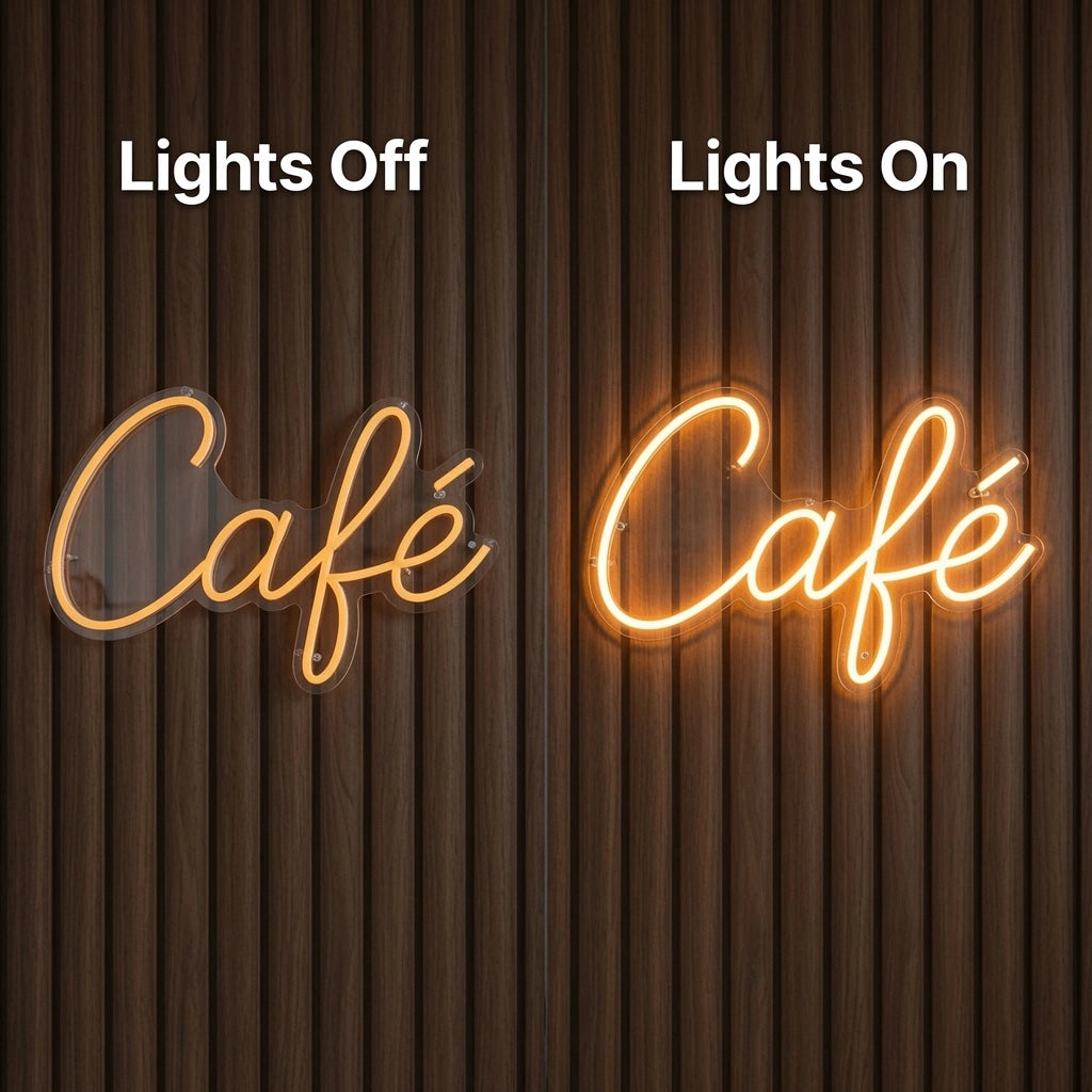 Cafe Business LED Neon Sign - 06 Day Night Comparison