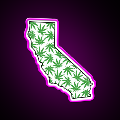 California Ca Weed Leaf Pattern Hemp Inspired Green Leaf Led Neon Sign Rgb Color - Neon sign mounted on wall in room