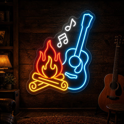 Campfire Acoustic Guitar Room Scene Vintage LED Neon Sign high-converting product image