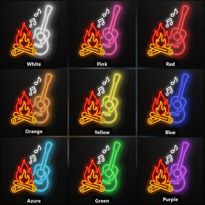 Campfire Acoustic Guitar Room Scene Vintage LED Neon Sign color grid