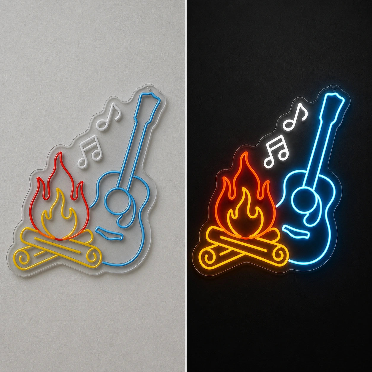 Campfire Acoustic Guitar Room Scene Vintage LED Neon Sign day and night comparison