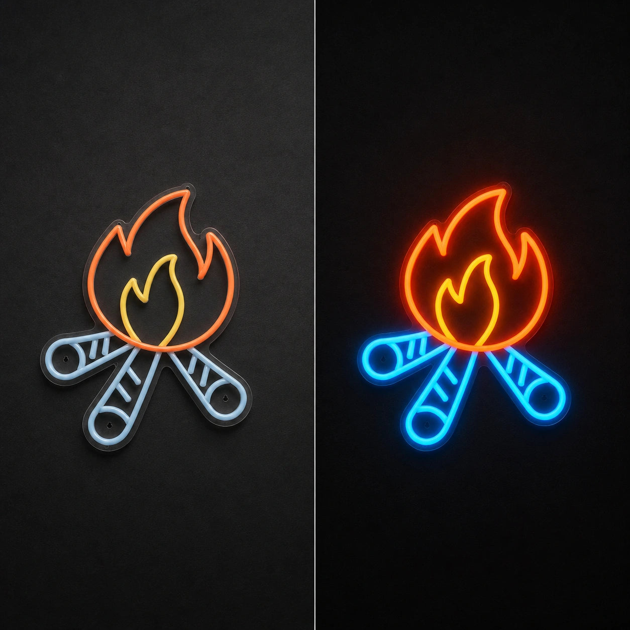 Campfire Crossed Logs Vintage LED Neon Sign day and night comparison