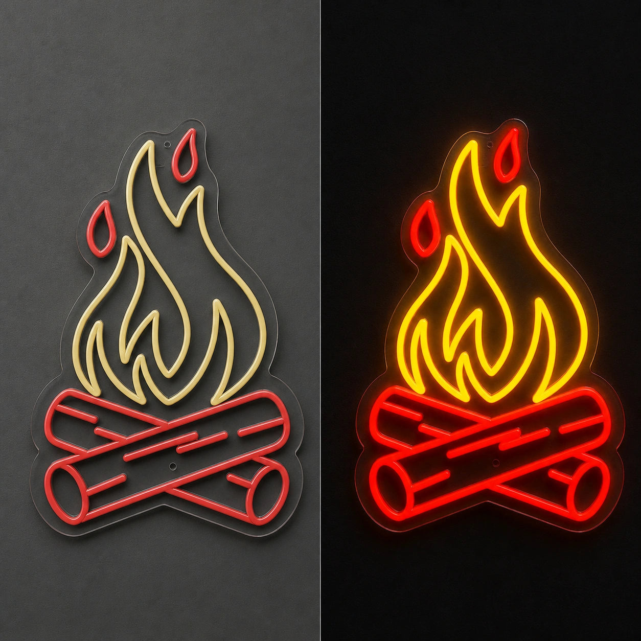 Campfire Flying Embers Crossed Logs Vintage LED Neon Sign day and night comparison