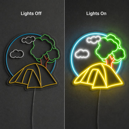 Camping Tent Neon Sign LED Neon Sign day and night comparison