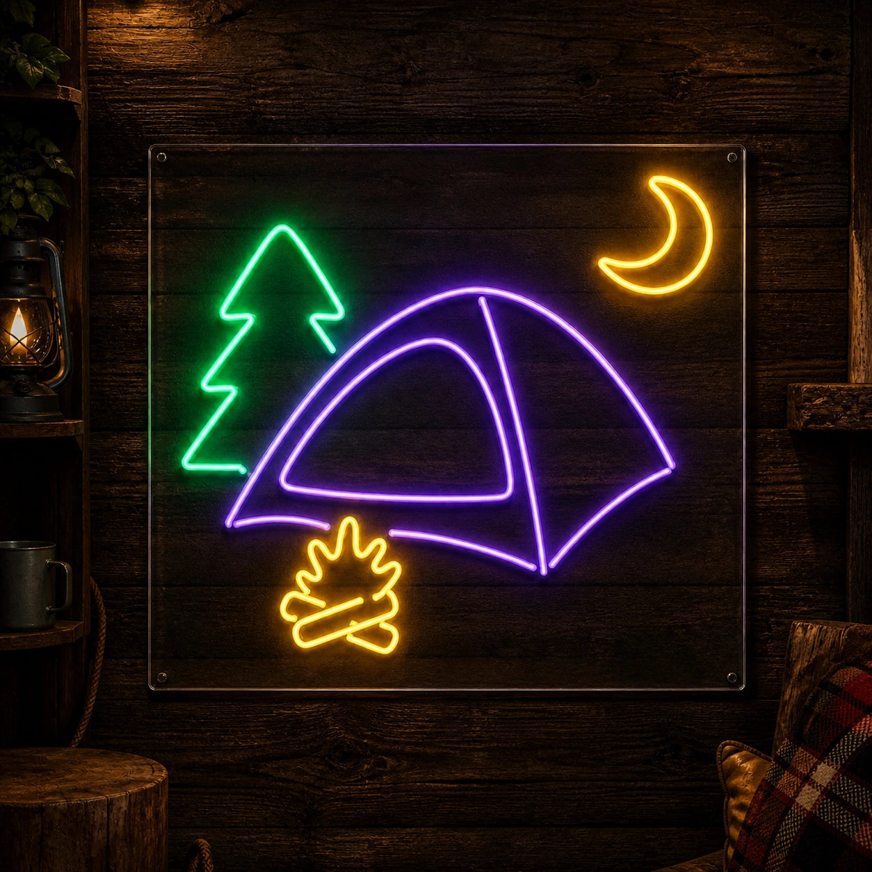Camping Tent Pine Moon Fire Vintage LED Neon Sign high-converting product image