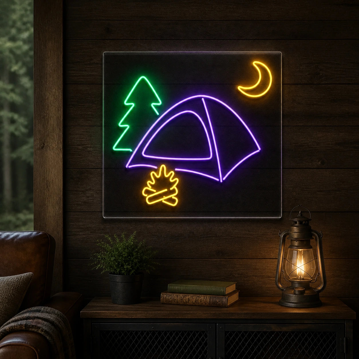 Camping Tent Pine Moon Fire Vintage LED Neon Sign real lifestyle scene