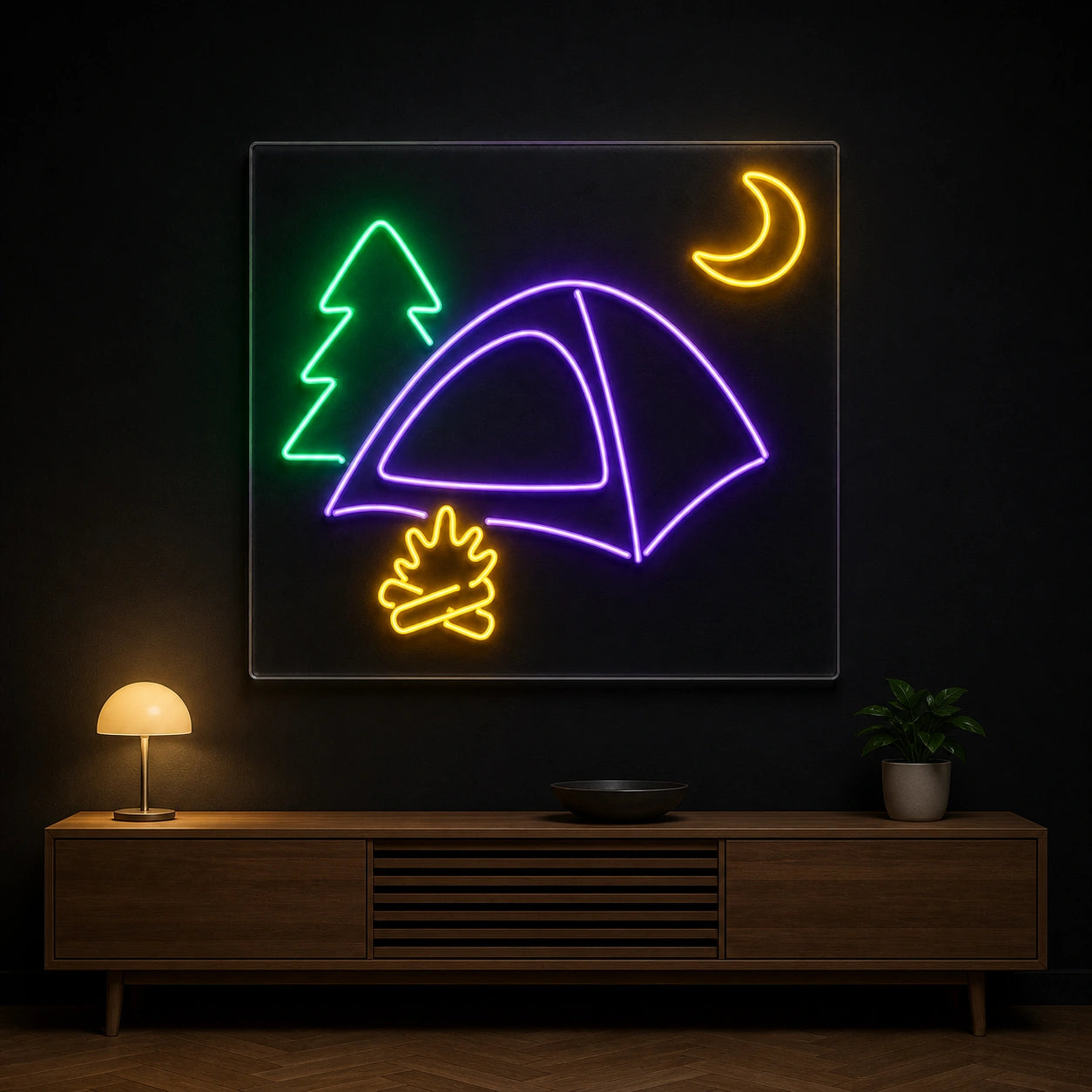 Camping Tent Pine Moon Fire Vintage LED Neon Sign size image