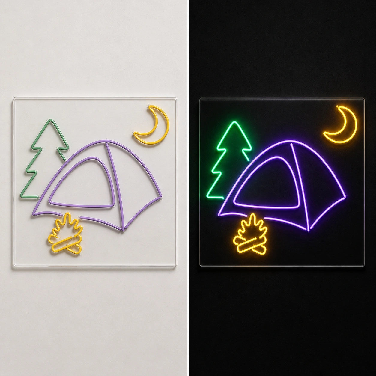 Camping Tent Pine Moon Fire Vintage LED Neon Sign day and night comparison