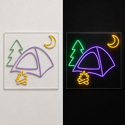 Camping Tent Pine Moon Fire Vintage LED Neon Sign day and night comparison
