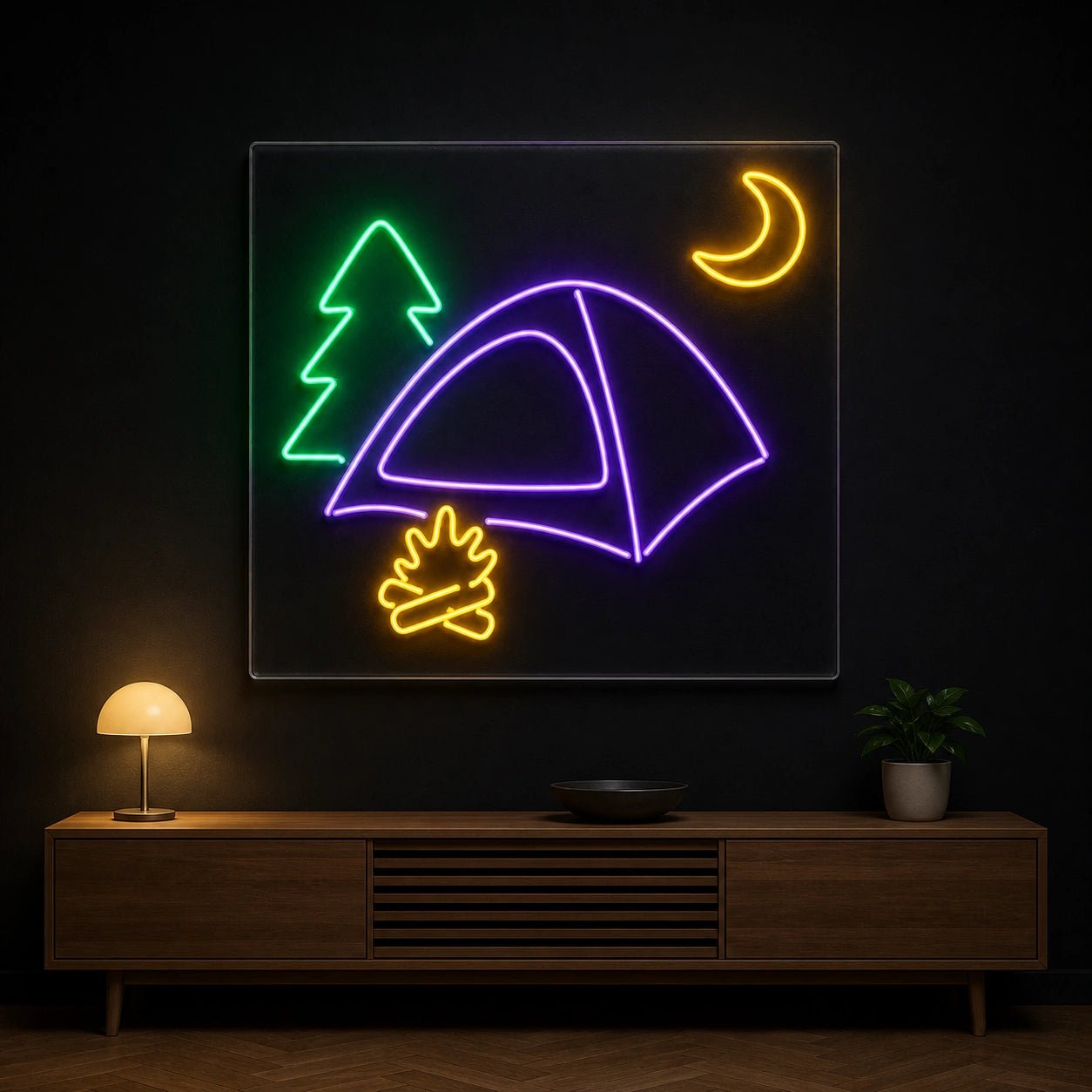 Camping Tent Pine Moon Fire Vintage LED Neon Sign - Shineneon