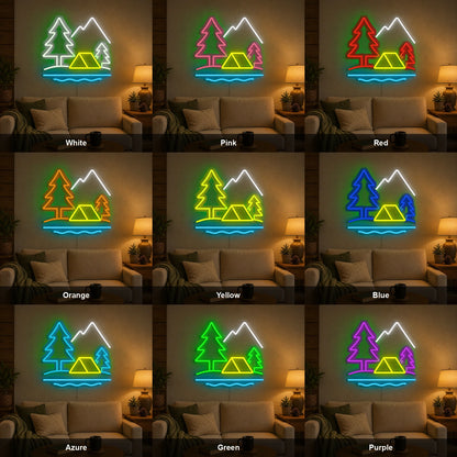 Camping Tent Trees And Mountains LED Neon Sign color grid