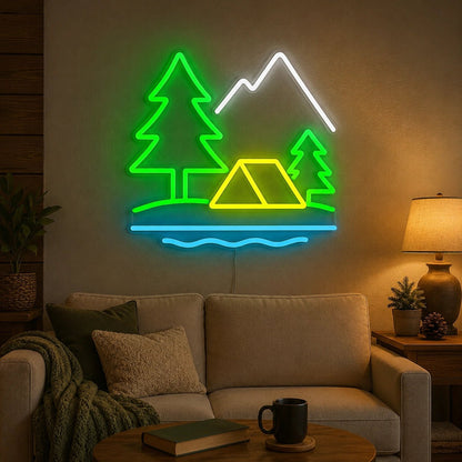 Camping Tent Trees And Mountains LED Neon Sign - Shineneon