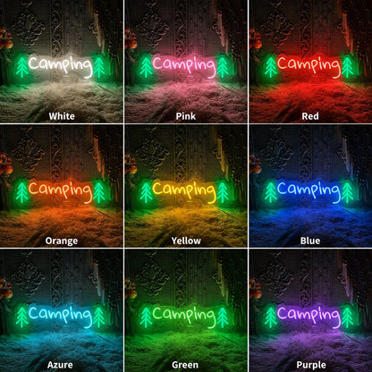 Camping Trees LED Neon Sign day and night comparison