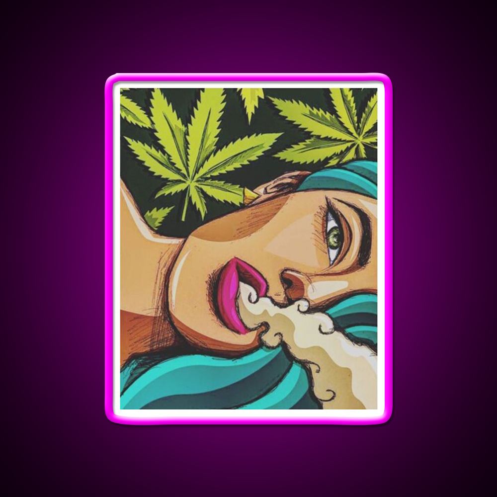 Canna Girl Hemp Inspired Green Leaf Led Neon Sign Rgb Color - Neon sign mounted on wall in room