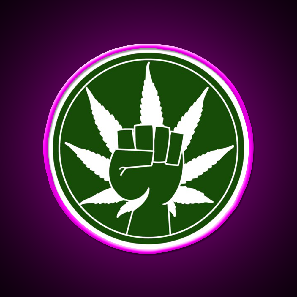 Canna Power Hemp Inspired Green Leaf Led Neon Sign Rgb Color - Neon sign mounted on wall in room