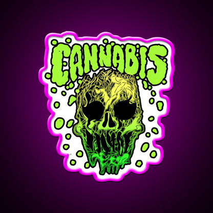 Cannabisskull Skull Hemp Inspired Green Leaf Led Neon Sign Rgb Color - Neon sign mounted on wall in room
