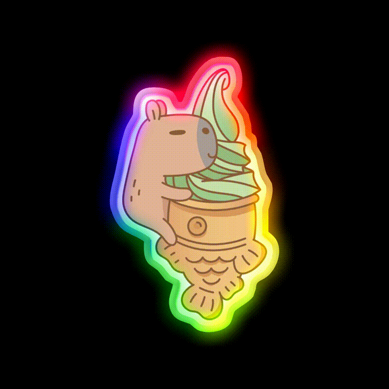 Capybara With Matcha Taiyaki Ice Cream Snack Food Led Neon Sign Rgb Color - LED neon sign close-up detail