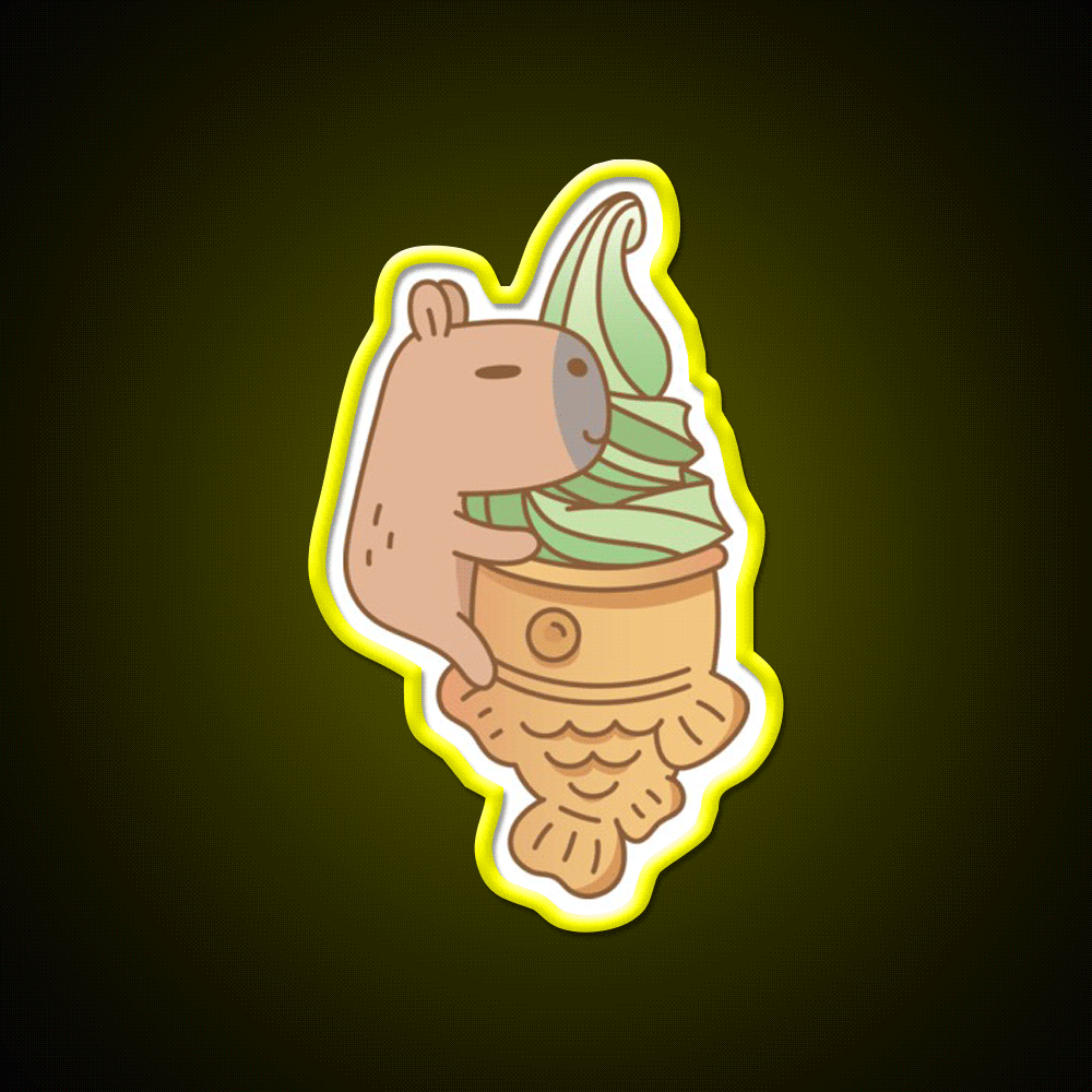Capybara With Matcha Taiyaki Ice Cream Snack Food Led Neon Sign Rgb Color - Custom LED neon sign front view