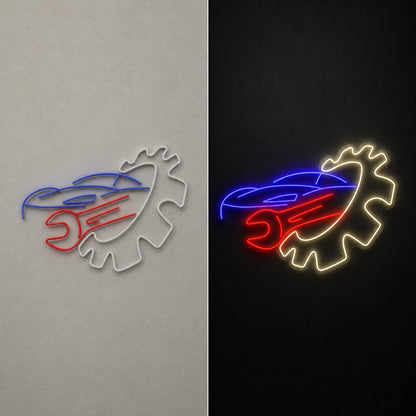 Car Gear Wrench Vintage LED Neon Sign day and night comparison