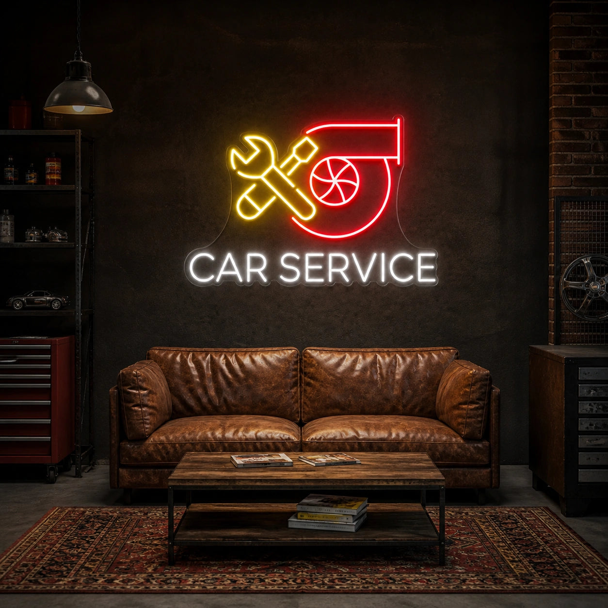 Car Service Chairs Table Vintage LED Neon Sign real lifestyle scene