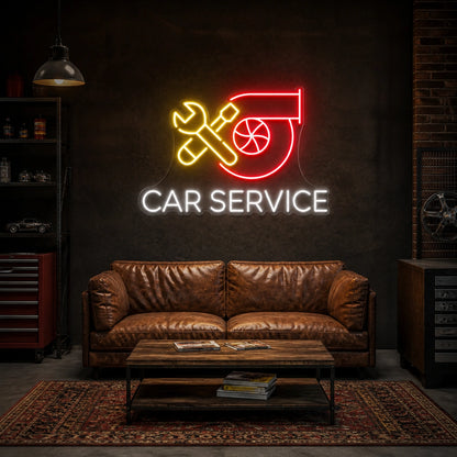 Car Service Chairs Table Vintage LED Neon Sign real lifestyle scene