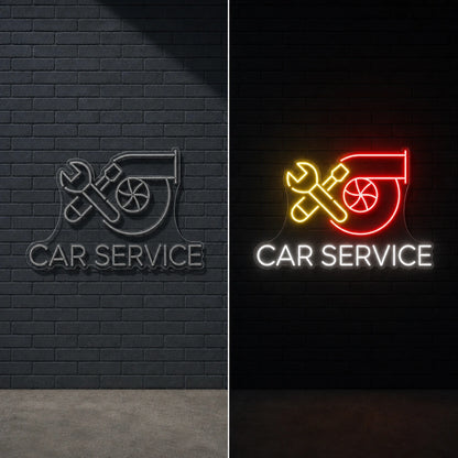 Car Service Chairs Table Vintage LED Neon Sign day and night comparison