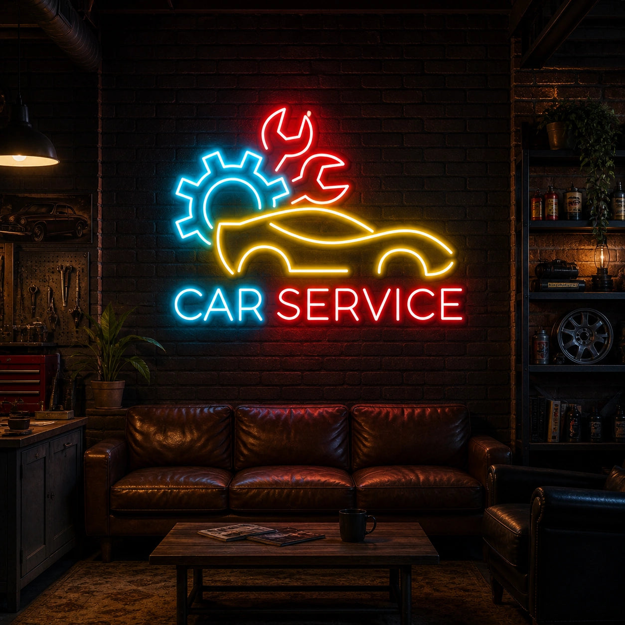 Car Service Gear Dark Wall Vintage LED Neon Sign real lifestyle scene