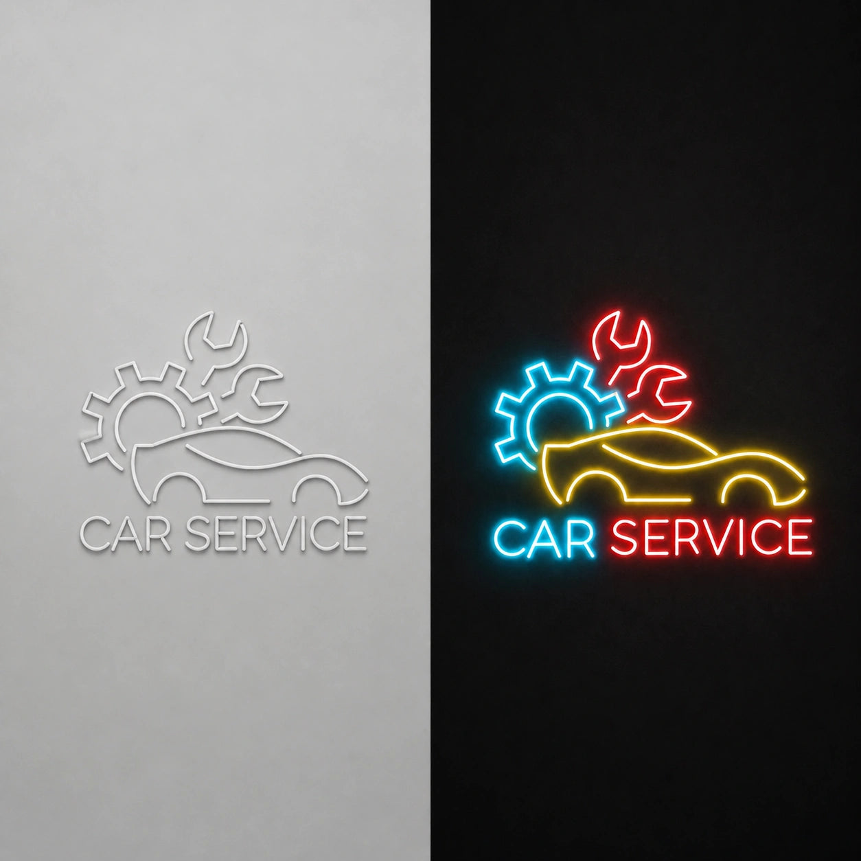 Car Service Gear Dark Wall Vintage LED Neon Sign day and night comparison