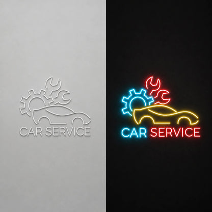 Car Service Gear Dark Wall Vintage LED Neon Sign day and night comparison