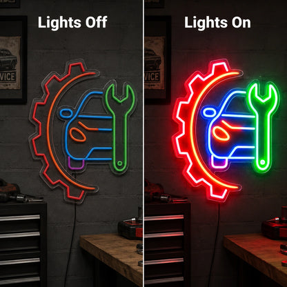 Car Service Gear Wrench LED Neon Sign day and night comparison