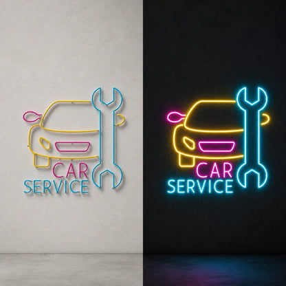 Car Service Wrench Vintage LED Neon Sign day and night comparison