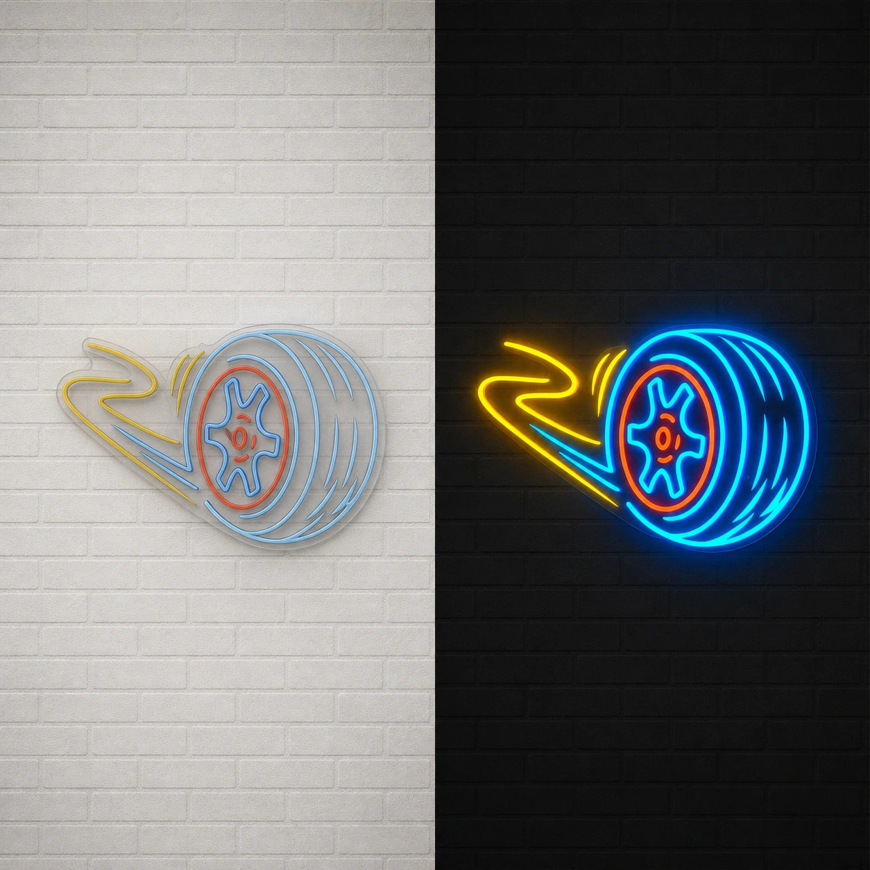 Car Wheel Vintage LED Neon Sign day and night comparison