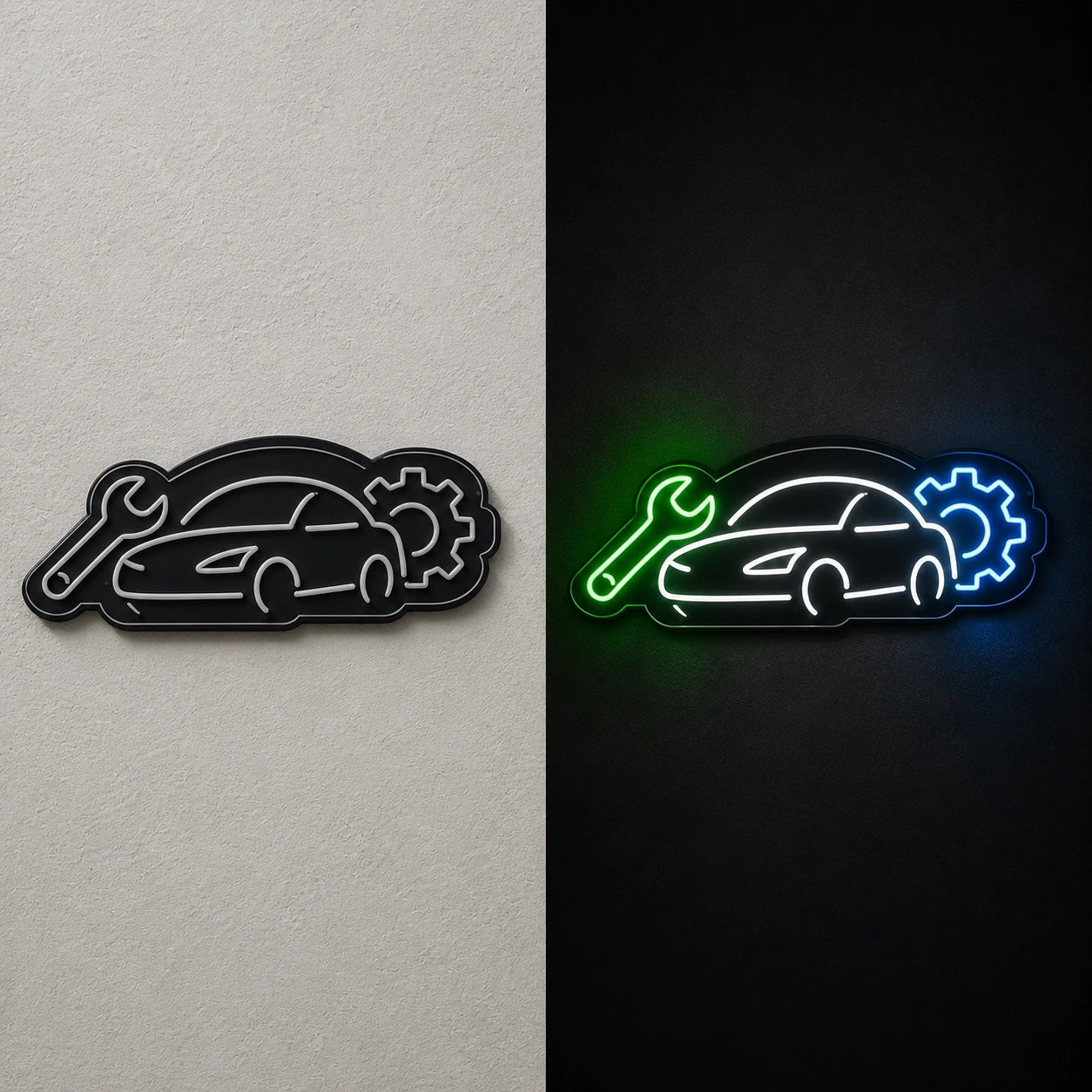 Car Wrench Gear Vintage LED Neon Sign day and night comparison